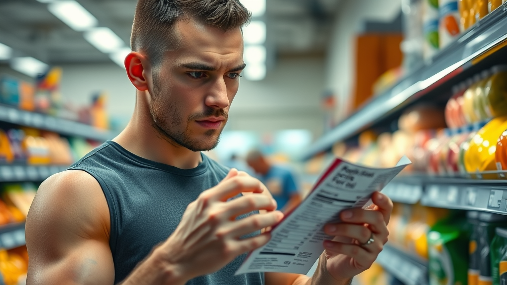 athletic man checking nutrition label for added sugar, men