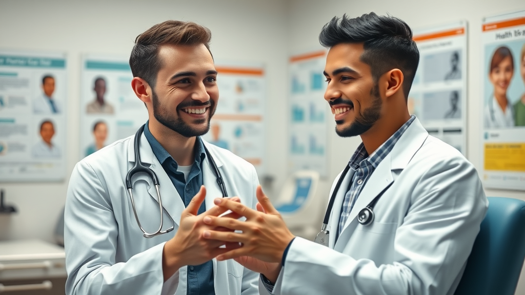 diverse young adult men getting health screenings, interacting with doctor