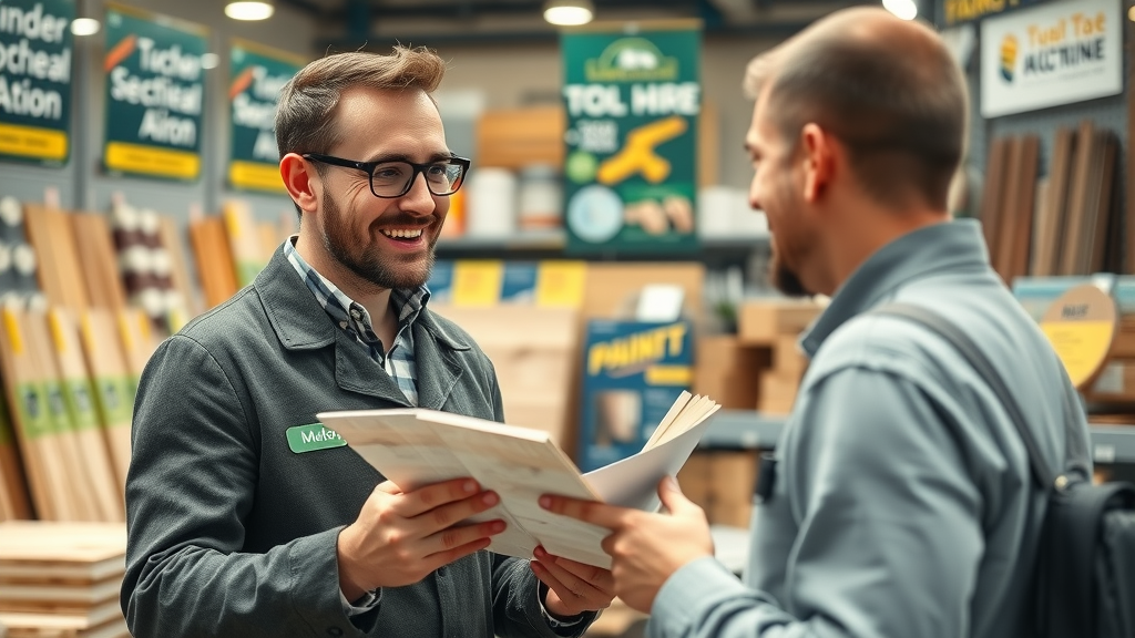 Builder merchant specialist giving timber and paint savings advice in UK shop