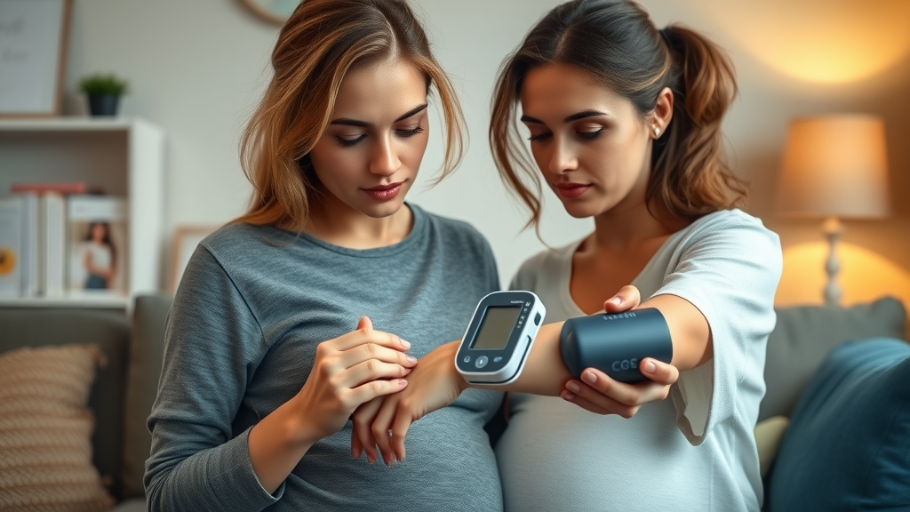 Attentive pregnant woman with her partner carefully checking blood pressure during pregnancy and childbirth at home, using a digital monitor.