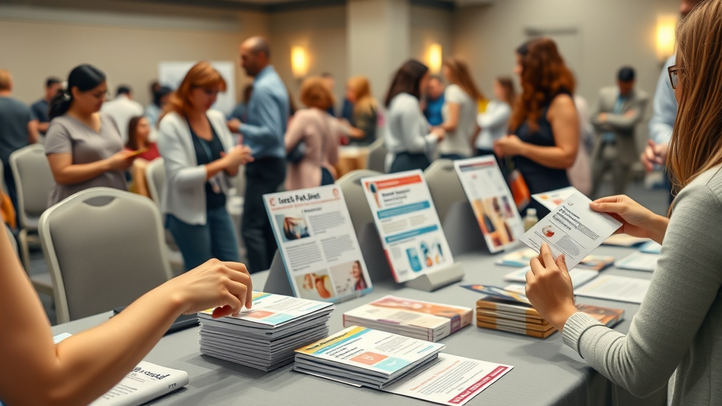 Resource table with brochures and menstrual products available for women and girls, fostering menstrual health advocacy.