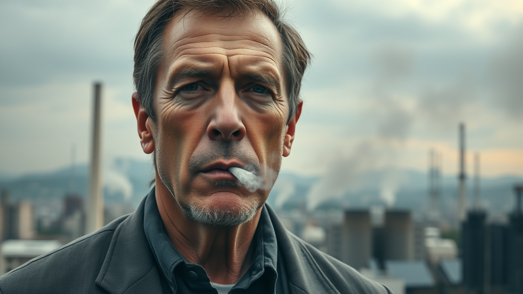 male ex-smoker showing signs of lung cancer risk standing in polluted cityscape