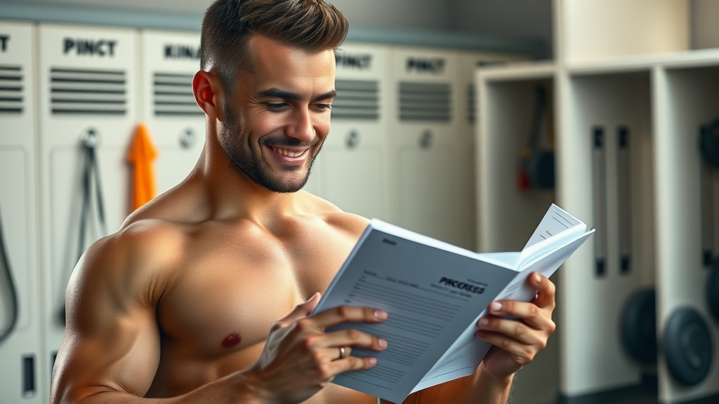 male athlete exercise routines for men reviewing progress notebook gym locker room