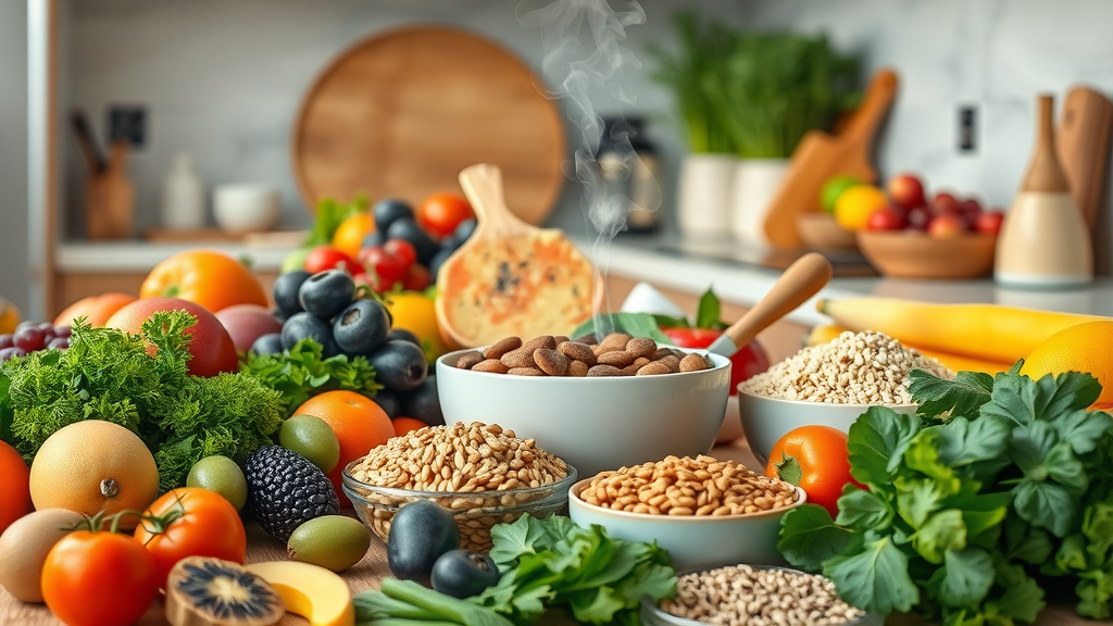A colorful spread of healthy foods including fresh fruits, leafy greens, and grains to support menstrual health and well-being.