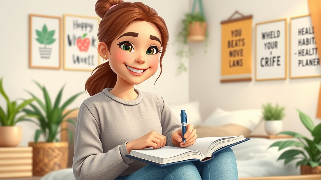 Smiling woman writing healthy habits in wellness planner for female reproductive health