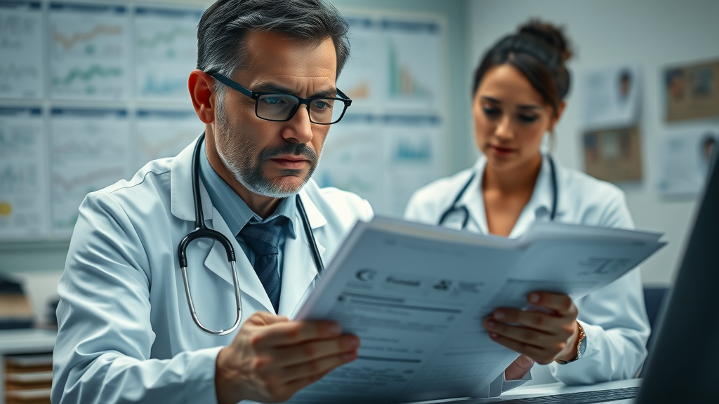 Obstetrician reviewing risk factors for maternal death in a clinical office, focusing on pregnancy and childbirth safety.