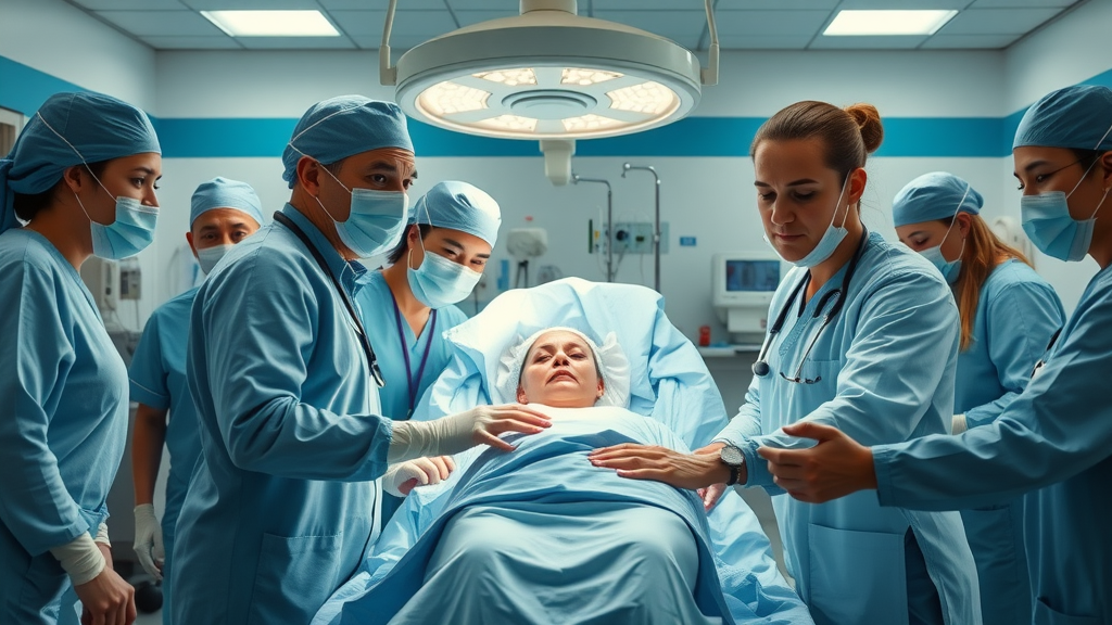 Coordinated medical team managing emergency high-risk pregnancy and childbirth scenario in a modern maternity ward.