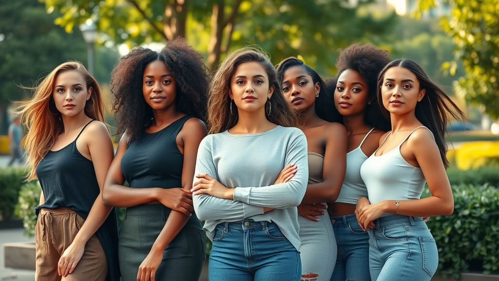 Confident diverse women in an urban park, unity and serenity representing core aspects of menstrual health.