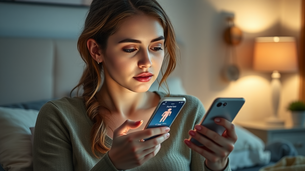 Thoughtful young woman in bedroom, checking a health app on smartphone to monitor menstrual health red flags.