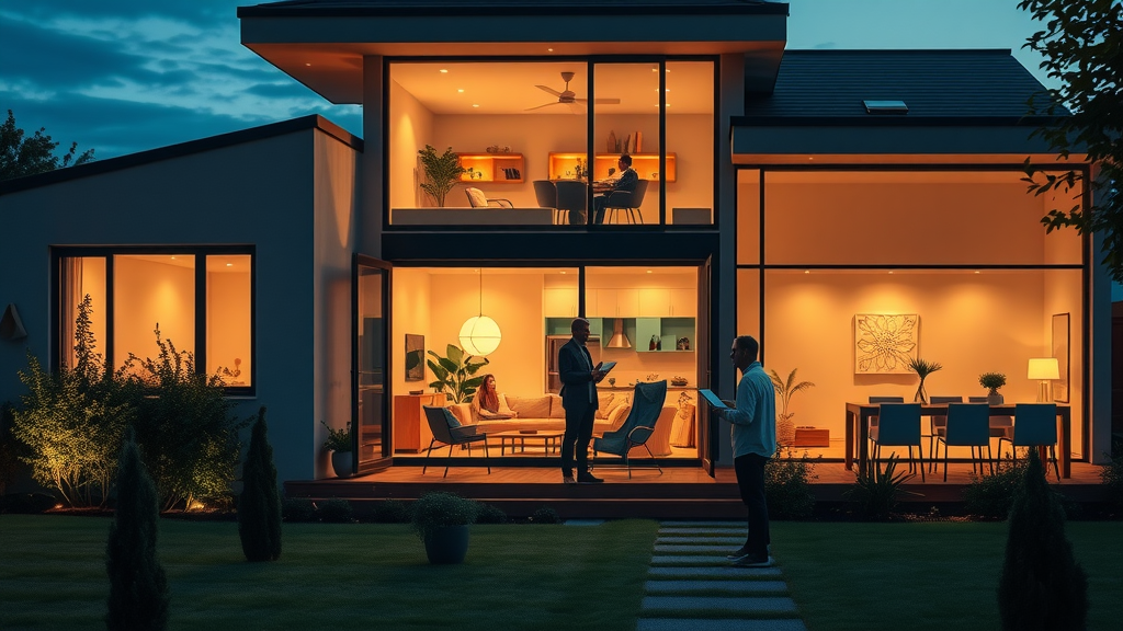 Architectural design for property owners enhances modern home lifestyle at dusk