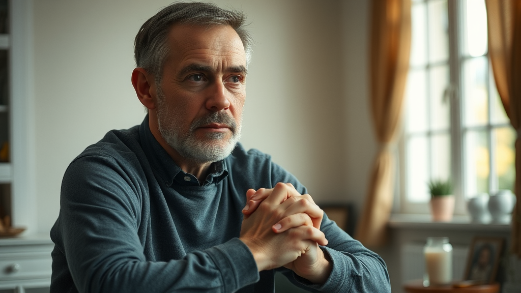 thoughtful man contemplating mental health issues at home
