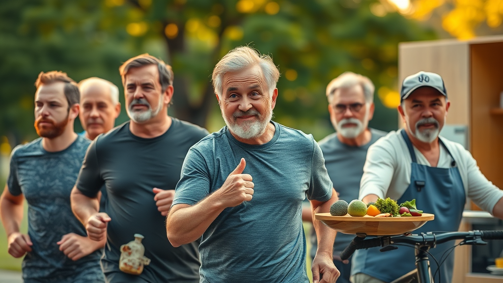 multi-generational group of men engaging in healthy lifestyle activities for men