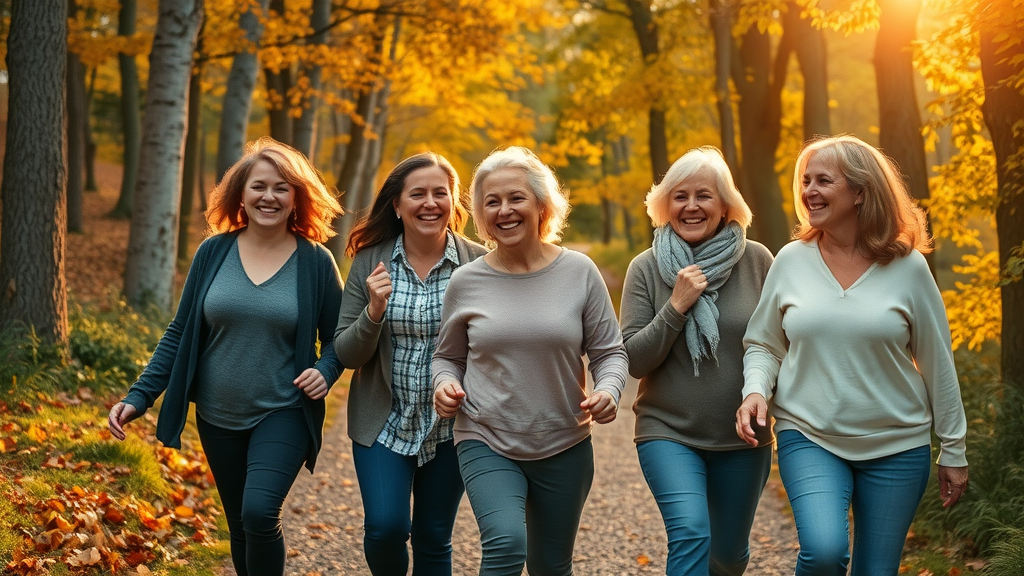 Multi-generational group of women power walking along a wooded trail, representing evolving women