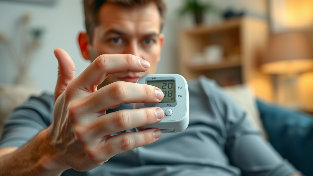 male hands holding blood pressure monitor, focus on men