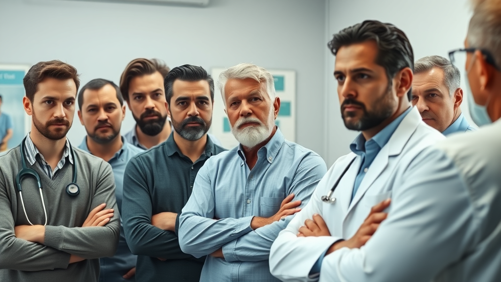 concerned multi-ethnic group discussing common men
