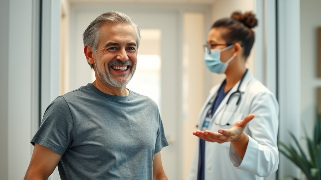 Relieved patient leaves dental clinic with dentist, showing enhanced oral health and trust in quality dental practice