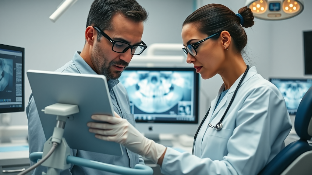 Dentist and assistant analysing 3D dental imaging in modern practice, demonstrating quality dental technology