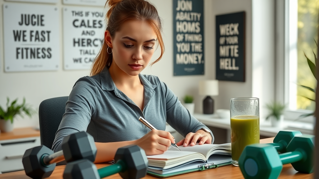 Focused professional woman writing in a fitness journal surrounded by dumbbells and a healthy smoothie, planning women
