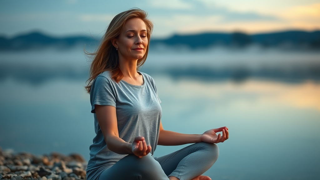 Peaceful mid-30s woman meditating outdoors by a tranquil lakeside, representing women
