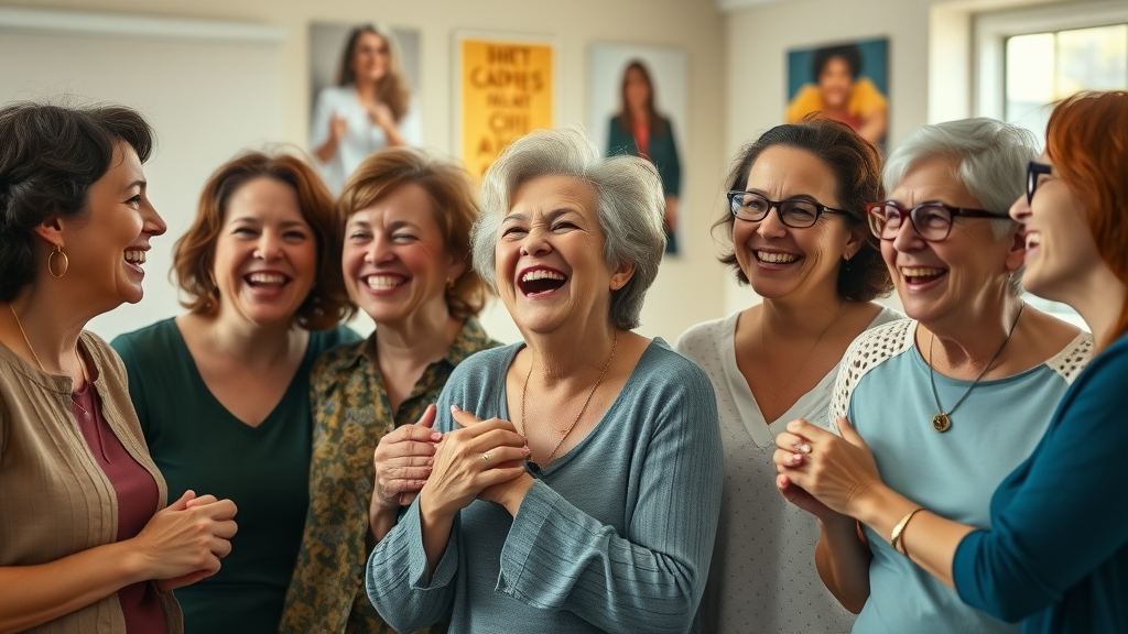 Joyful group of women supporting each other and breaking the stigma around menstrual health in a bright community center.