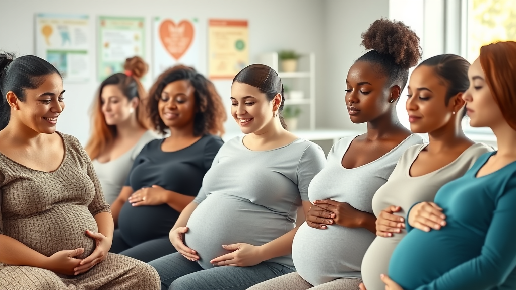 Caring, diverse group of expectant mothers participating in a supportive prenatal class, in a bright modern clinic learning about pregnancy and childbirth.