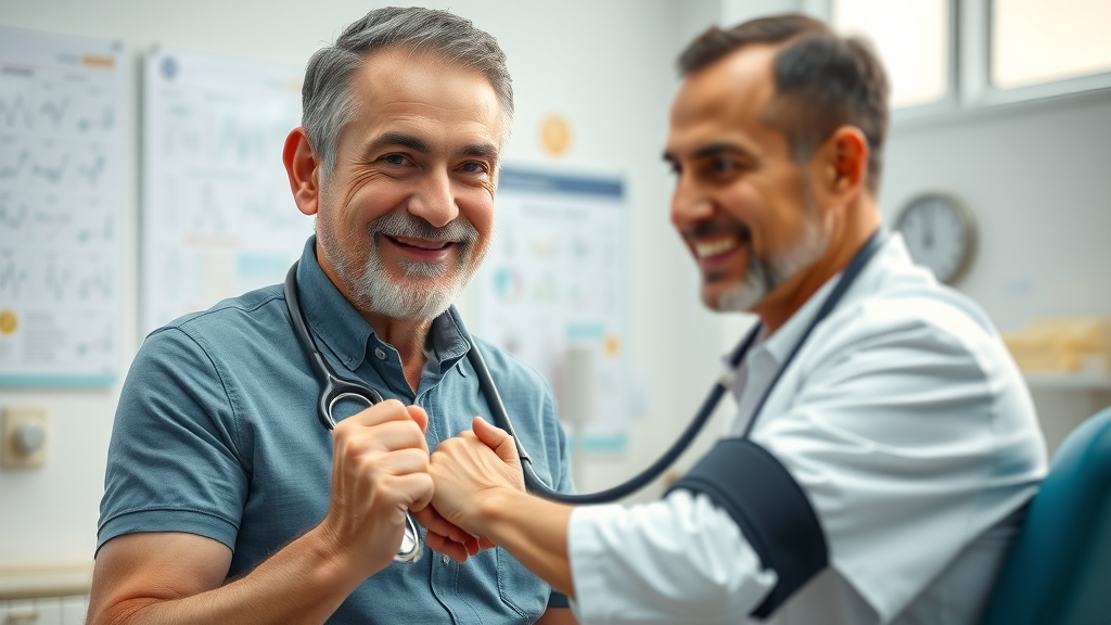 experienced healthcare provider performing blood pressure screening on mature male patient