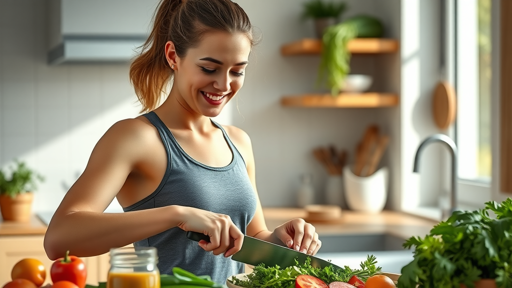 Athletic woman preparing healthy meal for optimal female reproductive health