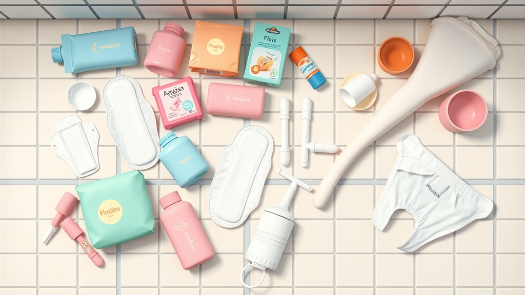 A detailed flat lay of various menstrual hygiene products such as pads, tampons, cups, and reusable underwear ideal for promoting menstrual health.