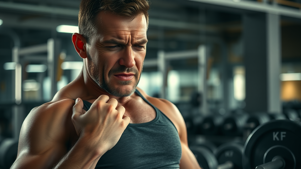 fit man sore shoulder after bench press exercise routine mistake gym