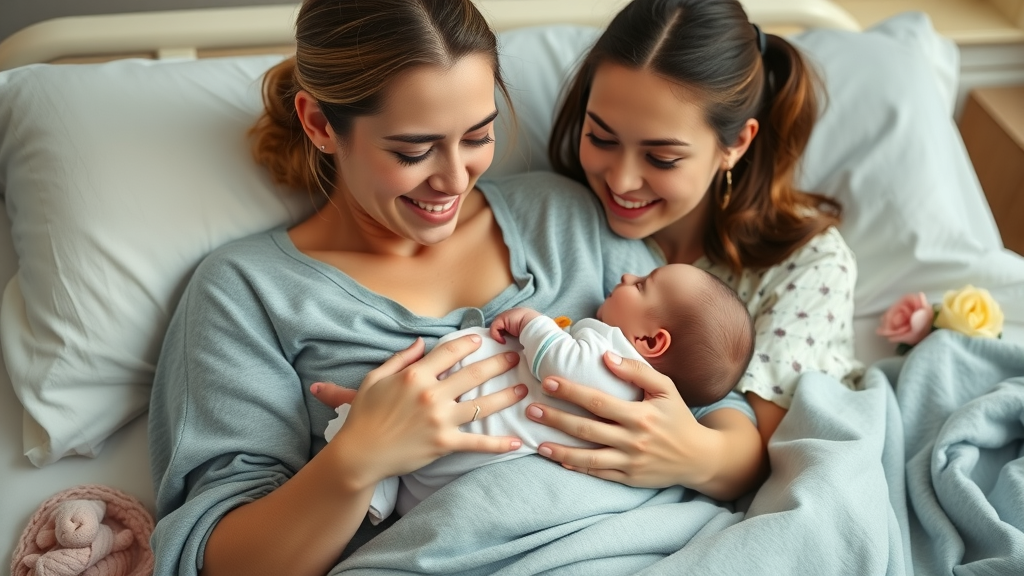 Happy new mother holding her newborn after giving birth, highlighting recovery and bonding in the postpartum period during pregnancy and childbirth.