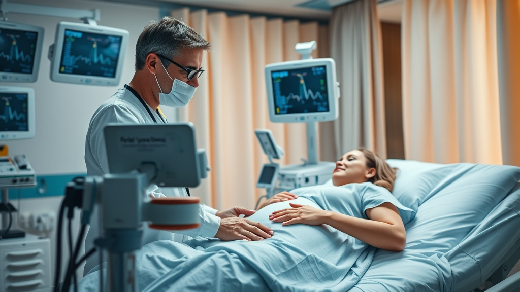 Healthcare provider using advanced fetal monitoring equipment to track heart rate and safety during pregnancy and childbirth in a modern maternity ward.