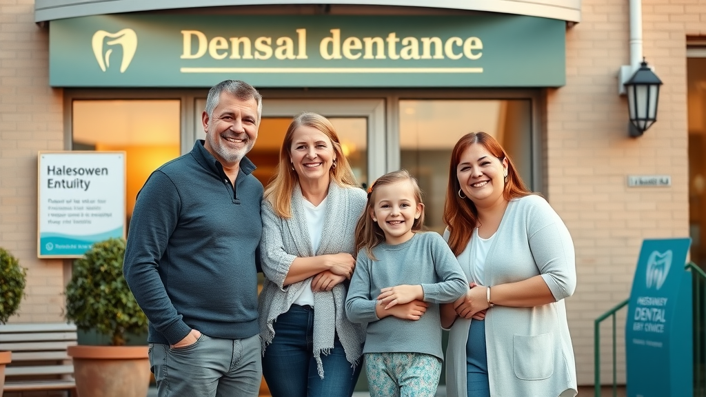 Happy family outside family-run dental clinic located in Halesowen