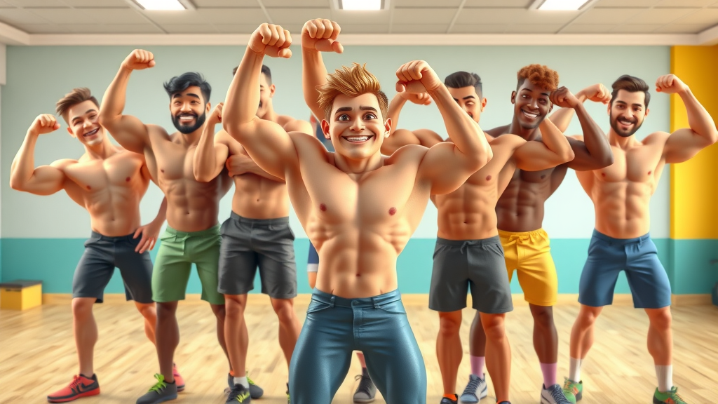 diverse men top muscle-building exercises gym 3d cartoon