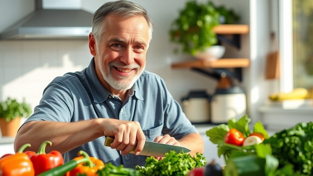 cheerful mature man, heart-healthy vegetable preparation, bell peppers and greens, men