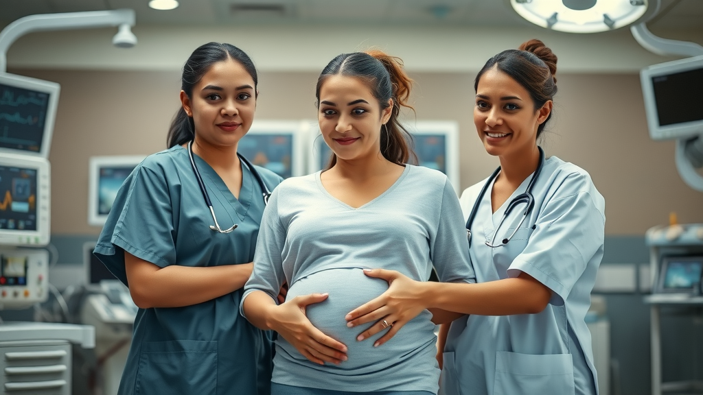 Medical team supporting a pregnant woman as she prepares for delivery, highlighting pregnancy and childbirth in a modern birthing suite.