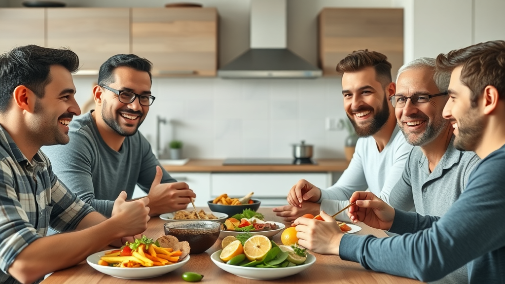 dynamic group of diverse men enjoying healthy lunch, men