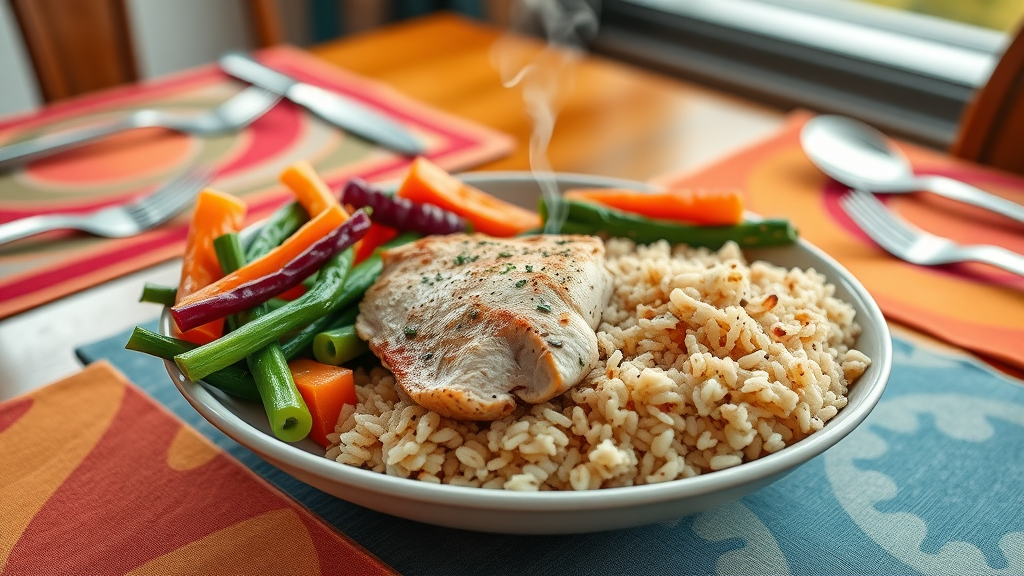 balanced meal of chicken breast, brown rice, steamed vegetables, healthy fats for men