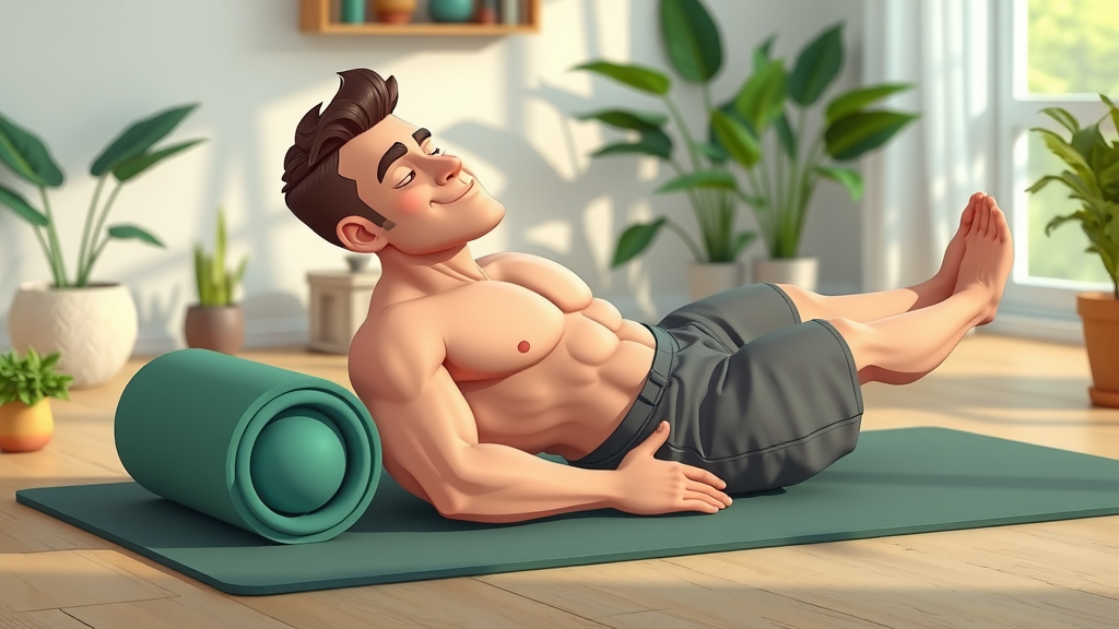 muscular man foam rolling exercise routines for men rest day peaceful home gym