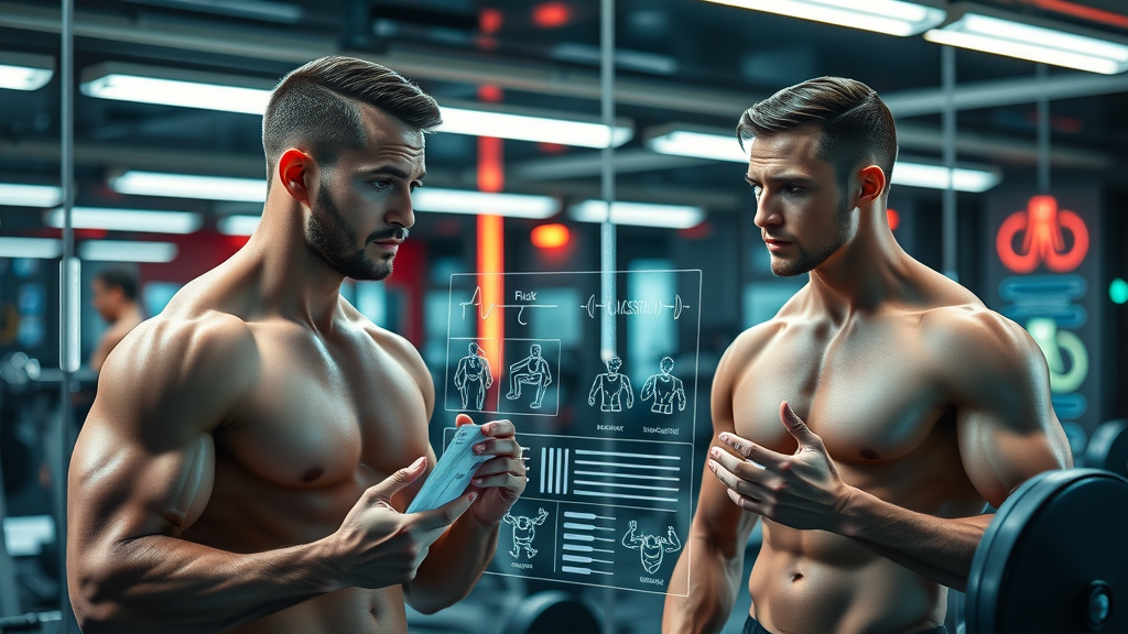fit men discussing various workout plan splits gym neon advanced setting