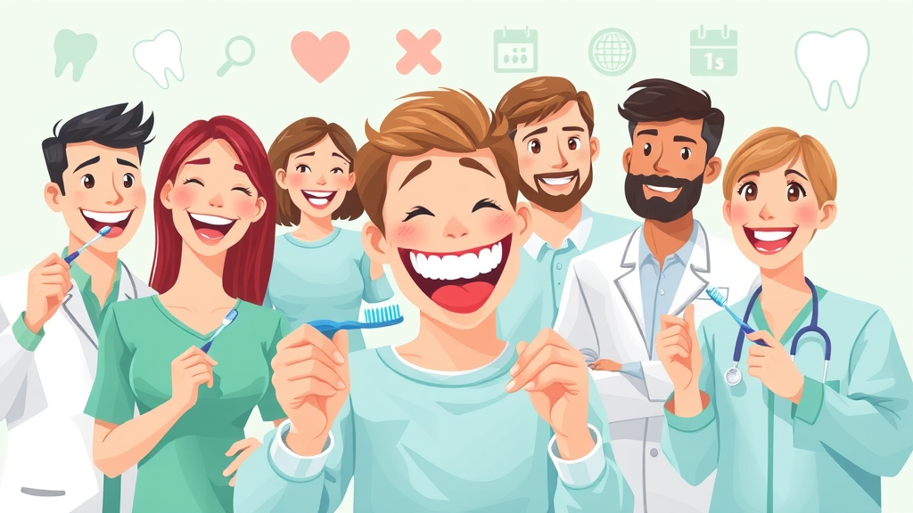 Infographic style image showing preventive dental care, diverse people practicing good oral hygiene with calendar and dentist icons