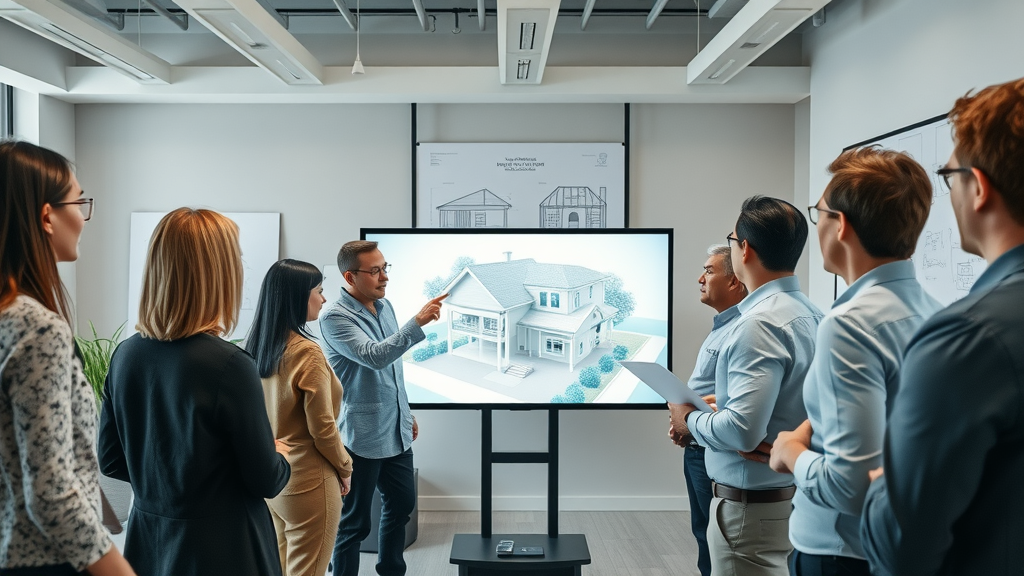 Architect presenting 3D design to value-driven property owners in studio.