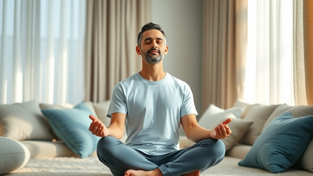 calm adult man meditating mental health healthy lifestyle for men living room