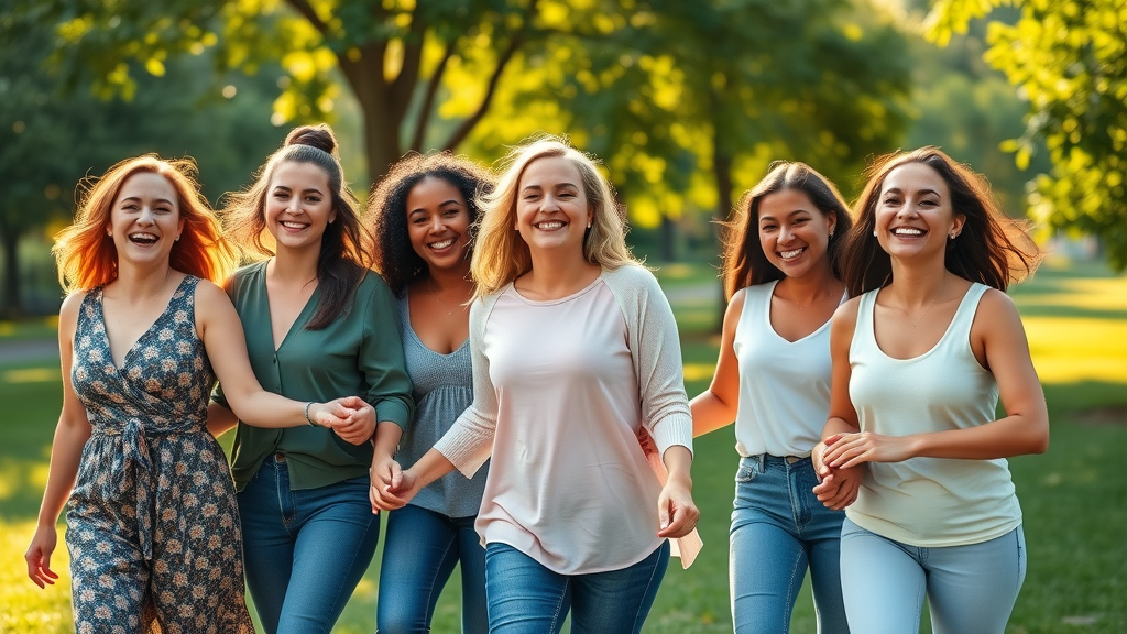 Uplifting group of diverse women, smiling confidently, linking arms while walking in a park. Women