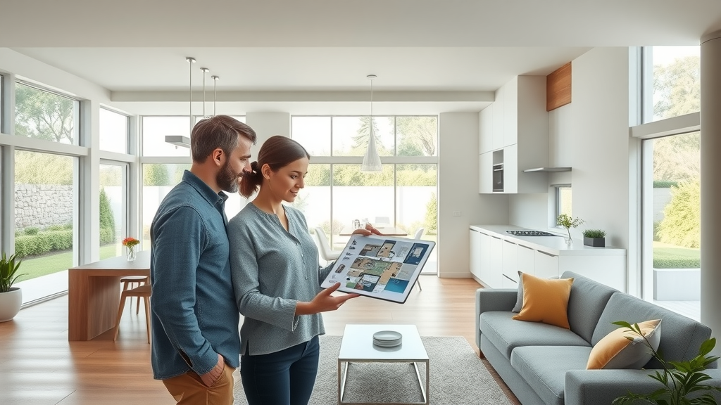 Modern homeowners using immersive 3D model for architectural design decisions.